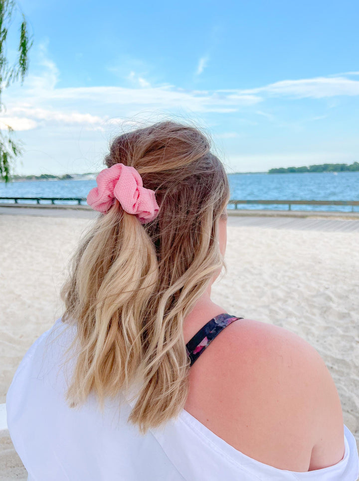 Pink Waffle Scrunchie in blonde hair size basic