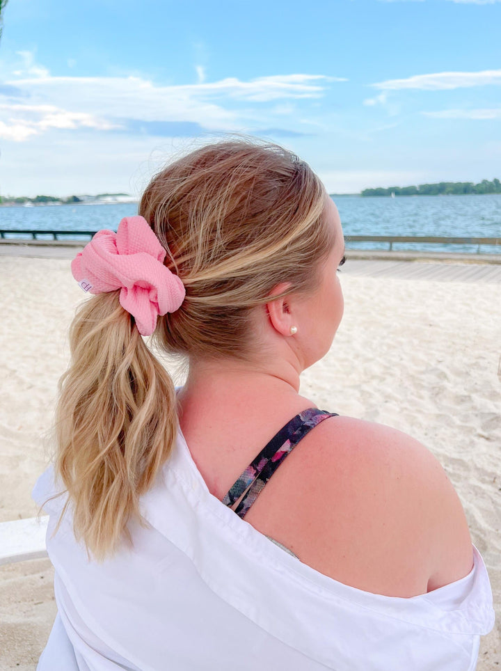 Pink Waffle Scrunchie in blonde hair size next level