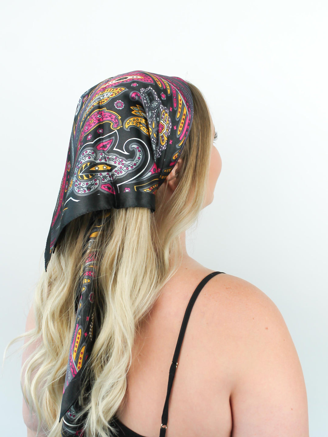 Black Retro Paisley Hair Scarf in blonde hair as bandana