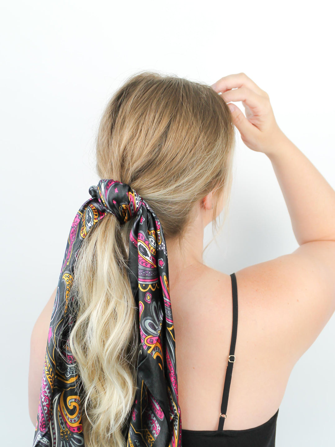 Black Retro Paisley Hair Scarf in blonde hair around ponytail