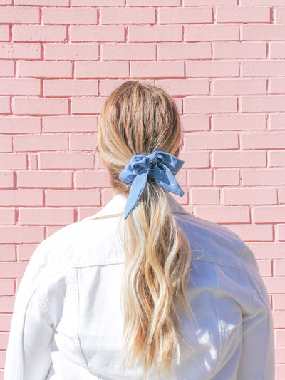 Blue Polka Dot with Short Bow Scrunchie