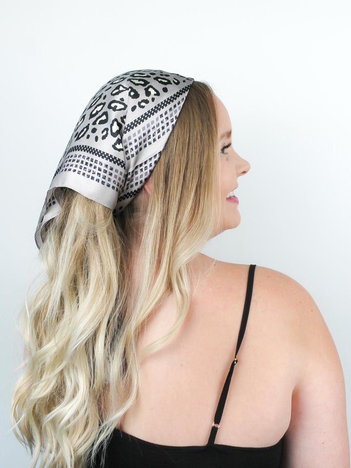 Grey Leopard Hair Scarf in blonde hair worn as a bandana