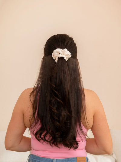 Ivory Knit Scrunchie size basic in brunette hair half up half down