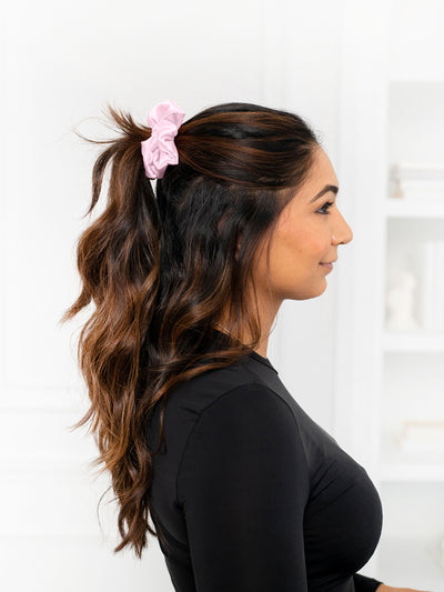 Light Pink Satin Scrunchie size basic in half up hairstyle