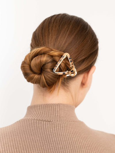 Light Tortoise Triangle Claw Clip in red hair bun