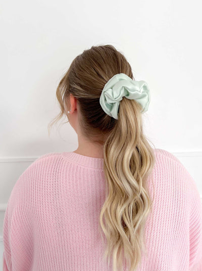 Mint for Me Scrunchie size Next Level in blonde ponytail